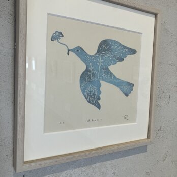 「迷鳥の行方」額装木版画