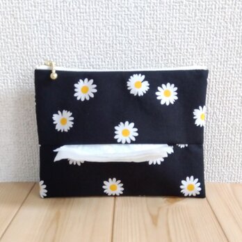 大きめポケットティッシュケース付きポーチ　フラット　16cm　内ポケット　デイジー　ブラック　364