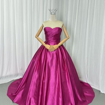 カラードレス ビビッドピンク ベアトップ 光沢サテン プリンセスライン 披露宴