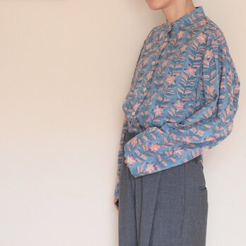 COTTON ブロックプリント インド綿 タックブラウス *ブルーグレー* size M
