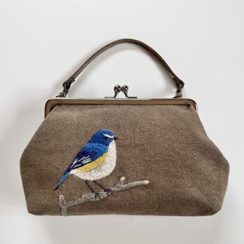 ルリビタキの刺繍がまぐちバッグ