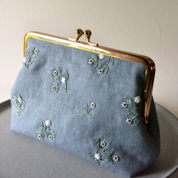 【サックス】ビーズ 刺繍 小花 がま口 ポーチ