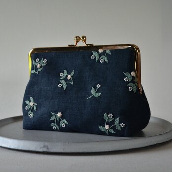 【ネイビー】ビーズ　刺繍　小花　がま口　ポーチ