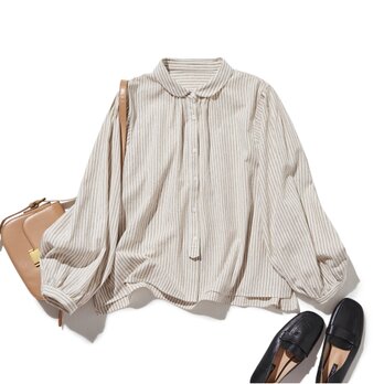 大人可愛い！ヴィンテージモードなストライプコットンリネンシャツ　ベージュ　250906-1