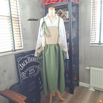 【背中がかわいい】マキシ：エプロンドレス：コットン：カーキ×リネン【0978】