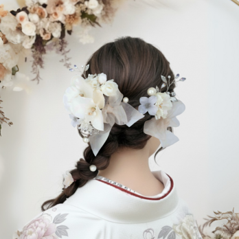 成人式 髪飾り 胡蝶蘭×シアーベージュリボン｜卒業式 袴 和装ヘア No. RR02 振袖 着物 和装 結婚式ヘアアクセサリー