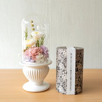 早期割引】ガラスドーム仏花と煙少ない線香セット ｜プリザーブドフラワー／無香／仏壇用／お彼岸・新盆・お悔やみ・お供え