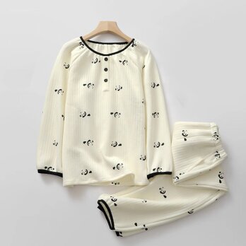 女性用 秋冬 長袖 パンダ パジャマ 前開き 部屋着 敏感肌 プレゼント 贈り物