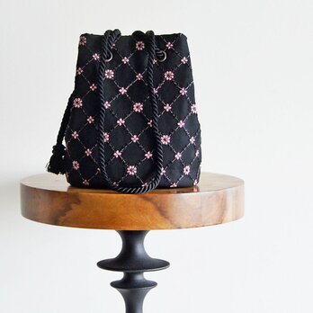 数量限定! プチフラワーチュールレース　2way ポシェットマリンバッグ　オーキッドピンク×ブラック　ミニショルダー