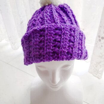 ニット帽 ポンポン 鮮やか 紫 パープル 大人用 手編み 編み物 編み