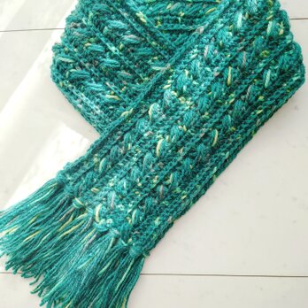マフラー 模様編み グリーンMIX フリンジ 手編み 編み物 編み