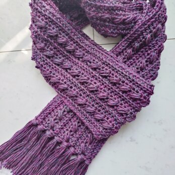 マフラー 模様編み 柄 フリンジ 紫MIXパープル 手編み 編み物 編み