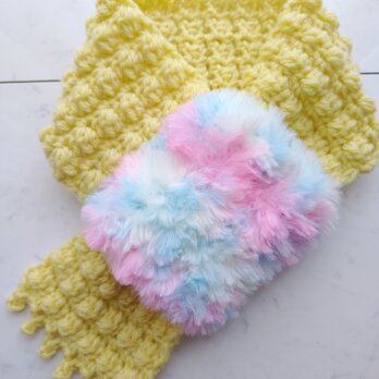 【今年の新色】マフラー 黄色 イエロー カラフル ファー 模様 柄 手編み 編み物 編み