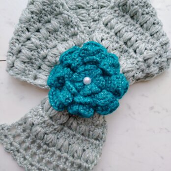 【今年の新作】マフラー お花 コサージュ ラメグリーン ショートマフラー ループマフラー パール 手編み 編み物 編み
