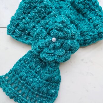 【今年の新作】マフラー お花 コサージュ ショートマフラー ループマフラー ラメグリーン 手編み 編み物 編み