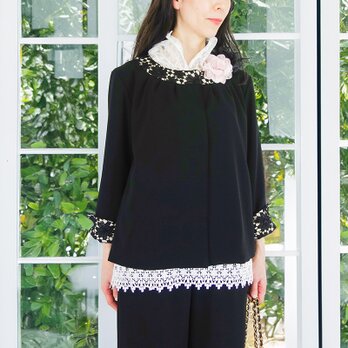 [予約販売] ブラックジョーゼットケミカルレースヨーク切替ジャケット（セットアップになります）（イージーケア・裏地なし）冠婚葬祭
