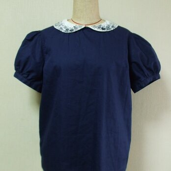【ラスト１】海柄丸衿　パフスリーブ半袖ブラウス　Mサイズ　紺　綿１００％