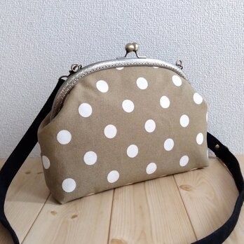 長財布も入る大きめ　ドット帆布のがま口ショルダーバッグ　25cm口金　ベージュ　373