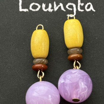 ウッドビーズピアス イエロー パープル チェコビーズピア樹脂ピアス