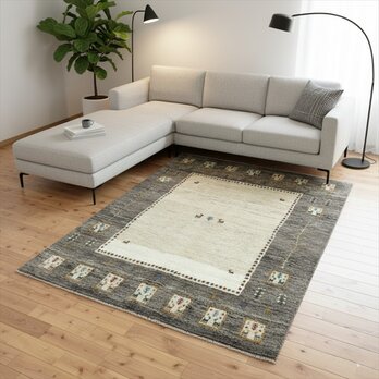 ペルシャ ギャッベ ラグ　195x153cm ベージュ グレー パネル RJ10714