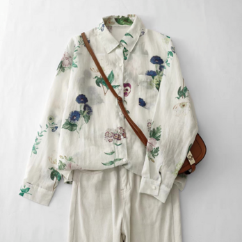 ブラウス、トップス、リネンコットン、春秋 、夏、長袖、プリント