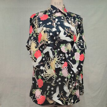 長袖和柄シャツ（鶴と糸菊）