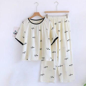 女性用 半袖 パンダ パジャマ 前開き 部屋着 敏感肌 プレゼント 贈り物