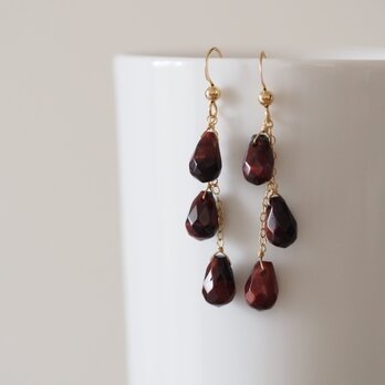 14kgf：赤虎目石の3dropsピアス（イヤリング）　№9198　レッドタイガーアイ