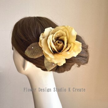 フラメンコ・ダンス髪飾りに♡マスタードイエローの薔薇の髪飾り　フラメンコ　フローレス　ワイヤー仕上げ　薔薇　12cm　黄色