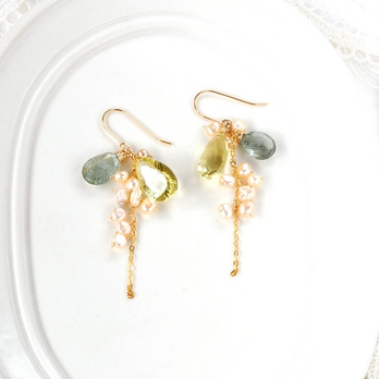 「秋露のきらめき」レモンクォーツxモスアクアマリンx淡水パールピアス14kgf