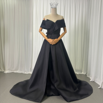 パーティードレス ブラック オフショルダー バックリボン くるみボタン Aライン ミカドサテン 披露宴