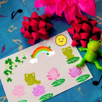 消しゴムはんこ「蓮の花・カエル」5個