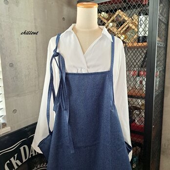 【背中がかわいい】エプロンドレス：デニム：トゥルーブルー【0983】