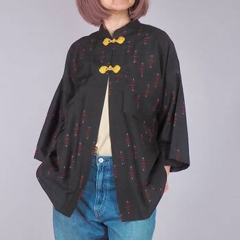 iichi価格★50s アンティーク着物リメイク 絹絣黒五分袖カーディガン チャイナボタン