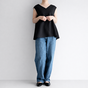 前後2way Aラインフレンチ袖プルオーバー ブラウス｜リネン100%_Black