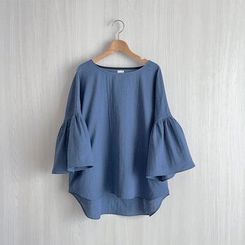 ギャザー袖プルオーバー_ダブルガーゼオーガニック綿100％_Vintage Blue