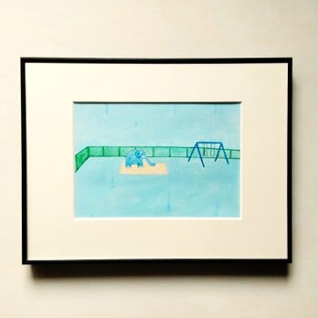 一点物｜風景画｜原画「青い象のいる広場」※額縁入り（太子サイズ）送料無料