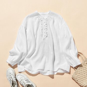 フロントフリルが可愛い フランチリネン100％　シャツブラウス　ホワイト　250913-1