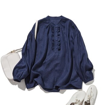 フロントフリルが可愛い フランチリネン100％　シャツブラウス　紺色　250913-2