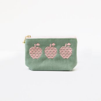 【ゆめかわ】大人可愛いりんごのマチ付きポーチ　ピンク×グリーン　こぎん刺し/ 刺し子/刺繍