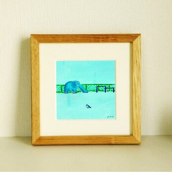 風景画「青い象のいる広場3」原画　水彩 イラスト ※木製額縁入り(18×18㎝）