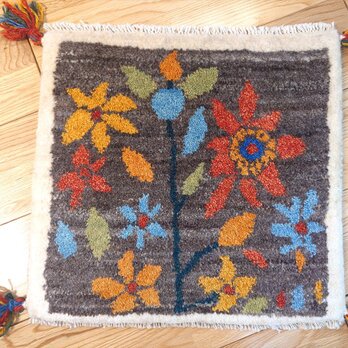 ペルシャ　ギャッベ ミニマット 41.5x40cm　花　グレー　アイボリー　T8548