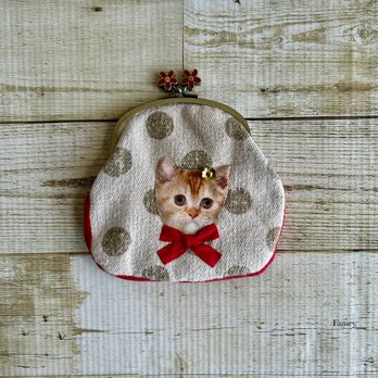大人かわいいおしゃれな猫ちゃんのがま口ポーチ(ドット柄) コットン　お花　リボン
