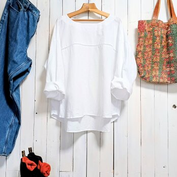 コットンリネン　白　ハシゴレース付き　ラウンドネックプルオーバー　S～6L