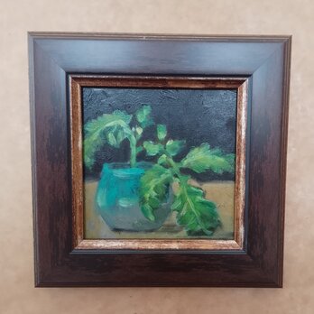 トマトと花瓶。油絵。小さな作品。