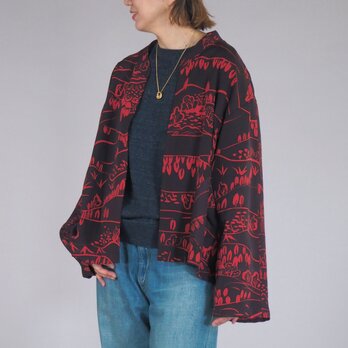 iichi価格★着物リメイク 短ラン メンズジャケット メンズL パープル レッド 手描き景色