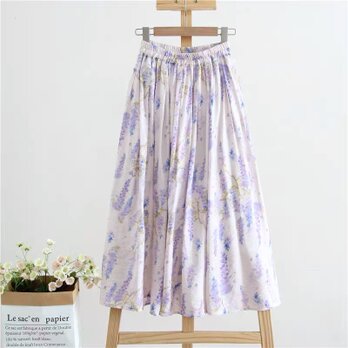 ラベンダー 裏地付き ギャザースカート ロングスカート ゴム仕様