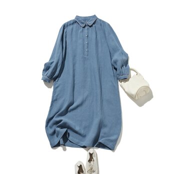 上品なアクセントが映える、フレンチリネンのAラインワンピース　リネンワンピース　 青　250916-2