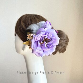 ラベンダー色の大輪の薔薇のヘアクリップ　紫　パープル　ラベンダー色　薄紫　バラ　ダンス　髪飾り　フラメンコ　flamenco