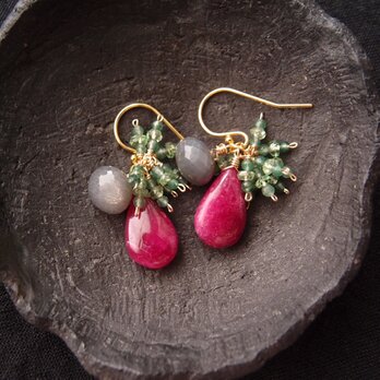 【K14gf】Ruby × Green garnet Earrings／ルビードロップ フリンジピアス